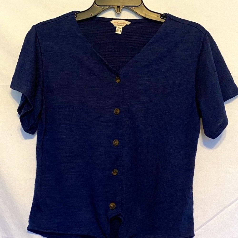 Weatherproof Vintage Women's Blue Button Down Tie Front Jersey Shirt  ~Size S/CH